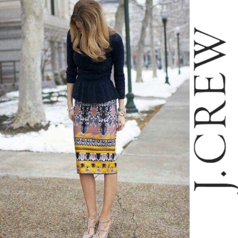JCrew Pencil Skirt- Gold and Navy Print